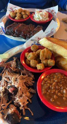 Ribs, Fried Okra, Smoked Pork Platter, Garlic Bread