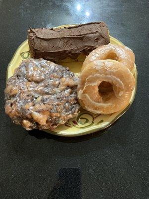 Apple fritters and glaze donuts, long johns