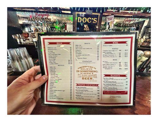 Menu @ Doc's Victory Pub.  490 S Spring Rd, Elmhurst, IL 60126