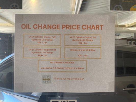 Oil change price chart