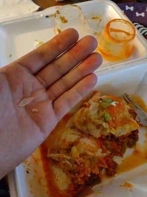 Smothered Burrito included an unwelcome surprise of sharp plastic... (Otherwise, delicious/incredible flavor!)