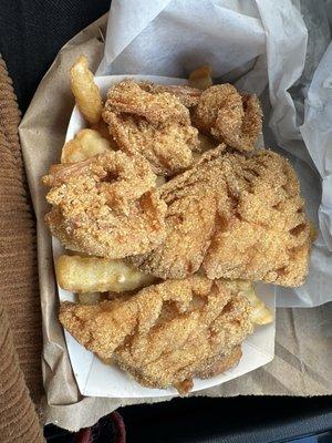 Shrimp, red snapper, hush puppy, and fries. #13 lunch combo