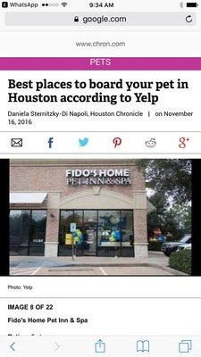 Fido's Home is Honored and pleased to be recognized as 'One of the best places to board your pet in Houston'