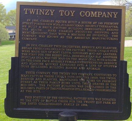 Twinzy Toy Company Historical Marker in Quaker Park, Battle Creek MI