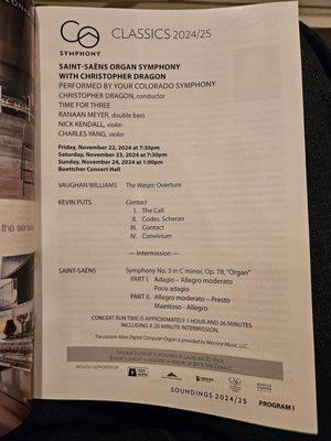 Today's concert: Overture to Aristophanes' Comedy, Kevin Puts concerto for Times for Three trio, Saint Saens Symphony #3