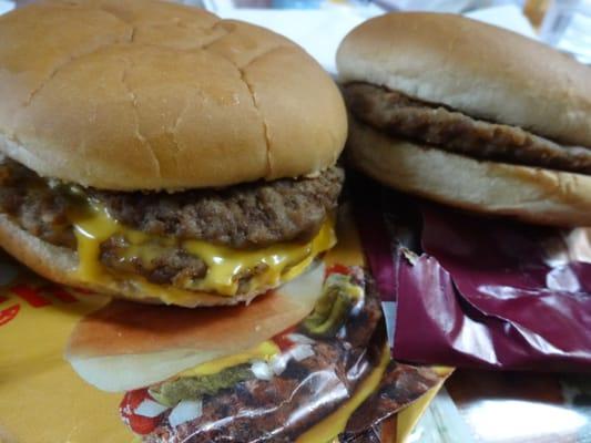 AMPM double cheeseburger and hamburger.