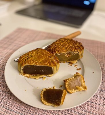 Moon cakes: red lotus seed and white lotus seed with egg yolk! It was very good