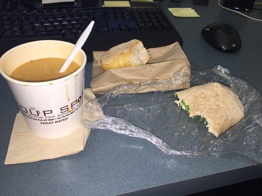 Great warm lunch on a cold day...large soup bead, half a wrap and an apple $9 great value!