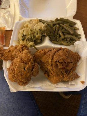 2pc white dinner with cabbage and green beans. Cabbage good ... green beans trash