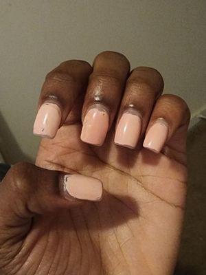 I'm very disappointed. I asked for short nails, no gel, regular nail polish. I got my nails done two days ago. It looks messy.