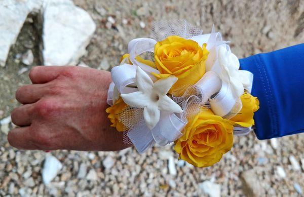 A corsage of Yellow Roses and Stephanotis – the same flowers my parents had for their wedding.