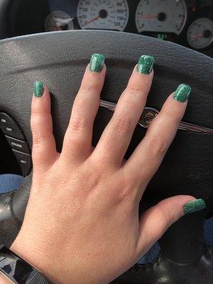 Green and glittery. Dipping powder acrylics ftw!