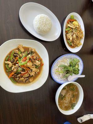 thai basil chicken, kids noodles and small pho