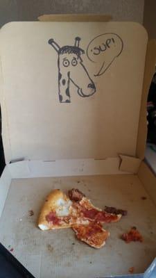 Odered online and the special instructions was to draw us a giraffe and this is what i got. Sweet babies. Best pizza hut ever!