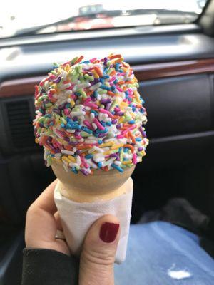 Vanilla soft serve with rainbow sprinkles.