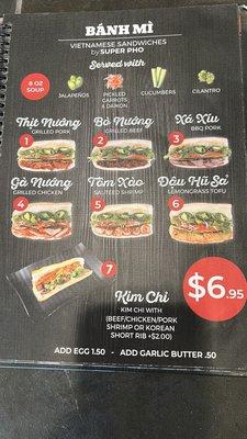 Banh Mi Menu