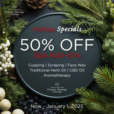 Holiday Specials. 50% OFF Spa Add Ons Now through January 1, 2025