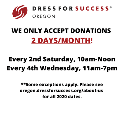 We only accept donations twice a month: the 2nd Saturday from 10am-Noon, and the 4th Wednesday from 11am-7pm. Thanks for your understanding!