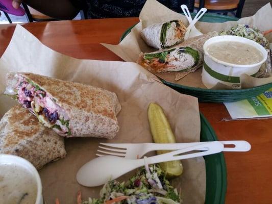 Turkey cranberry and a chicken oriental wrap, both with broccoli crunch and mushroom brie bisque.