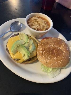 Avocado Cheeseburger with Chicken Tortilla Soup