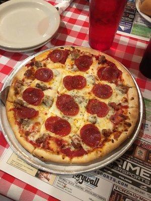 Sausage and pepperoni with traditional crust! Yummy!