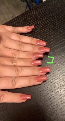 Very noticeable differences in lengths, shapes and sizes of the nails. Picture shows my 2 pointer fingers next to each other.