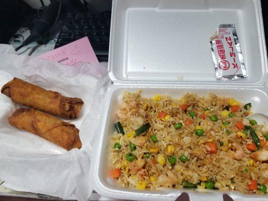 Flavorless blan cheap fried rice and frozen eggrolls. Don't waste your money.