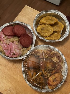 Salami (w/ mangu and onions), tostones, stewed chicken w/ rice and beans and sweet plantains.