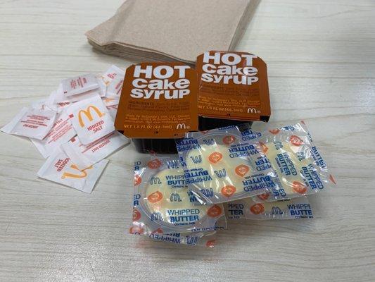 McDonald's Pancake Hot Cake Syrups , Butters And Salts On The Table!