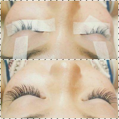 Before: lashes done at a different place a week before. After: lashes by Jina. 9-12 "C" curl.