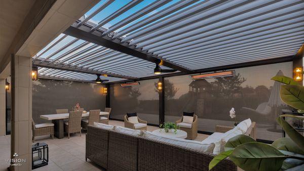 Hillsborough, 24 feet Equinox® patio Cover with electric louvered roof system and Motorized Screens. Architecture Design and installed VTC.