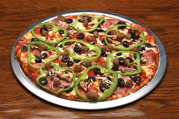 Rusty's Special - Teaming with Pepperoni, salami, sausage, mushrooms, black olives & fresh tomatoes.