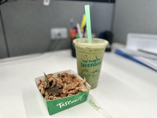 Popcorn chicken and Matcha Coffee.