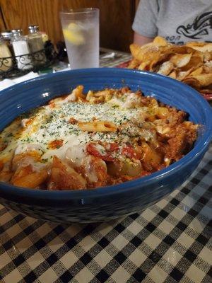 Notice the glass of water compared to the size of this bowl of sausage hot pepper bake.