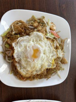 stir fried noodles with fried egg