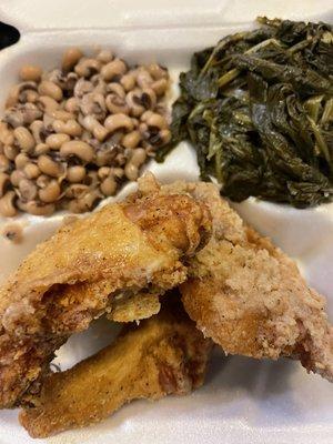 Meat & two - fried chicken, turnip greens, black eyed peas