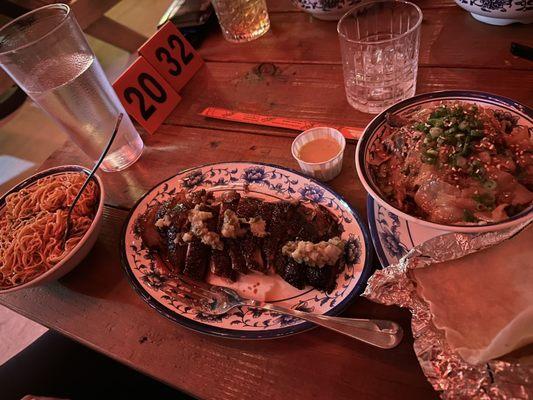 Dan Dan Noodles, 5 Spice Rotisserie Duck Breast, and Moo Shu Chopped Smoked Pork.