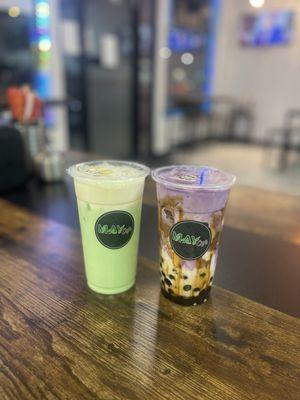 Pandan Milk with Coconut Foam & Tiger Sugar Boba with Ube