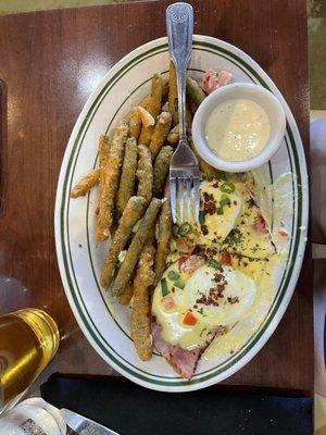 Traditional eggs Benedict and fried green beans