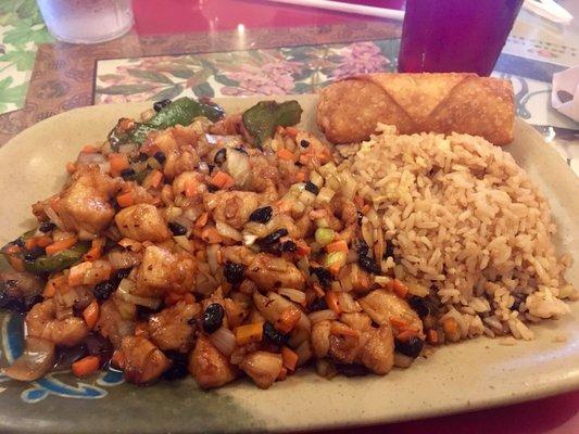 Black bean chicken, rice, and an egg roll. Love this stuff!