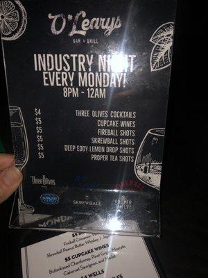 Industry Night Menu December 2022