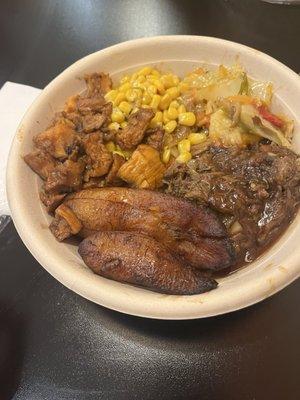 Oxtail Pulled Beef Bowl Plantains Corn Steamed Cabbage Cinnamon Sweet Potatoes