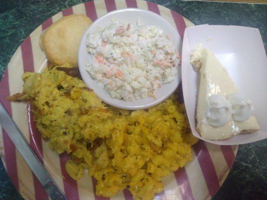 Mac and Cheese, Squash Casserole, Coleslaw, Key Lime Pie, Biscuit... My mom's veggie/side plate. $9.50 on Sunday- a great deal!