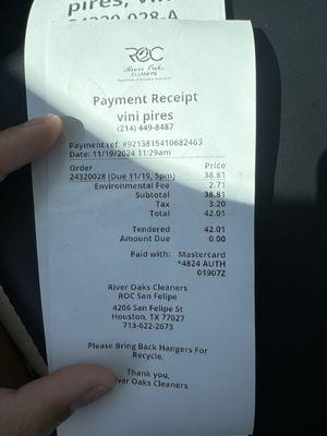 You can see the total in this was receipt, including the environmental charges once again