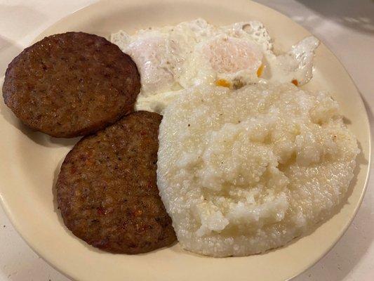 Grits, eggs and sausage patties