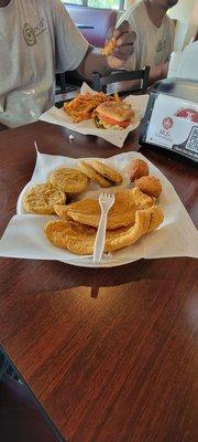 Catfish fried green tomatoes and hushpuppies