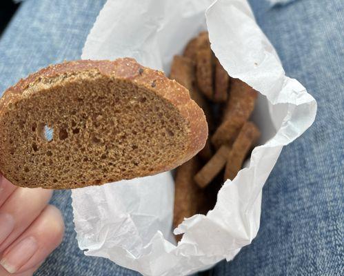 Free bagel chips! I don't know how we earned them but I'm going to believe it was our cheerful attitude and willingness to tip