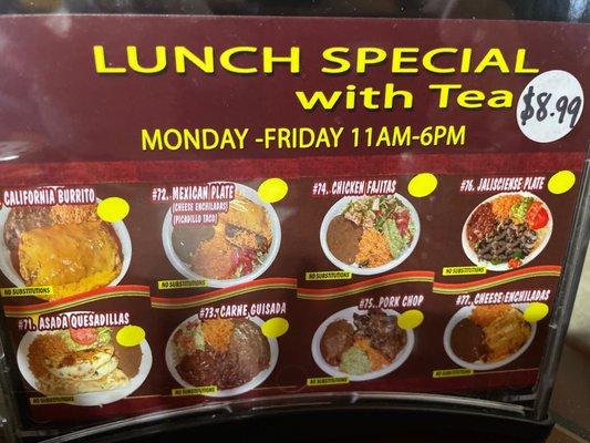 Lunch special Menu