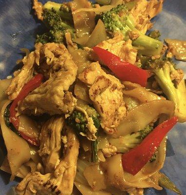 Drunken Noodles with Chicken and Extra Basil.