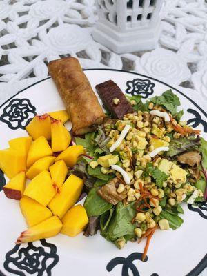 Mango peach fruit salad, chicken shrimp egg roll, & Go Greens avocado corn tofu skin salad